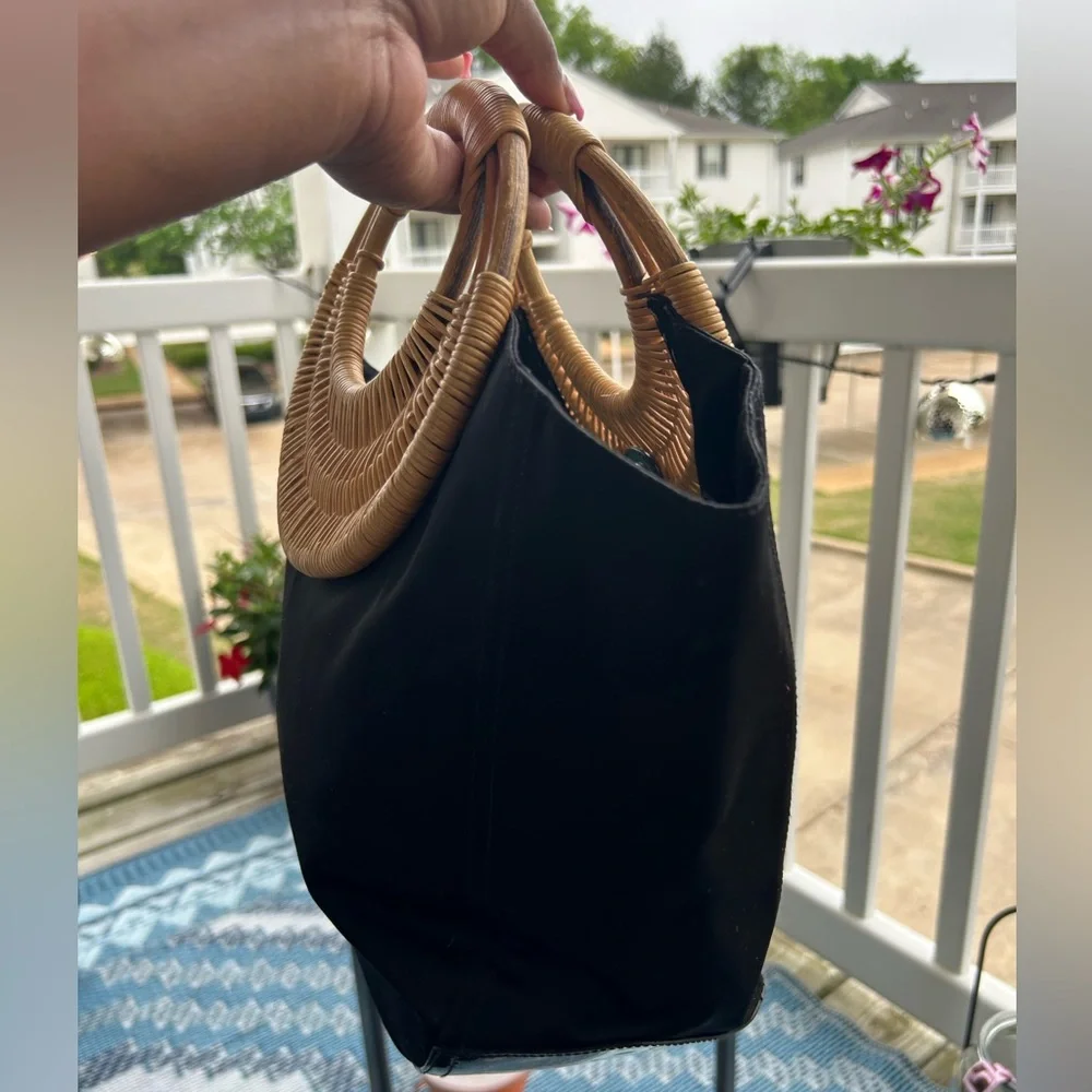 Salvatore Ferragamo Tote Bag Womens Black Nylon Wicker Vara Bow EZ-21 5338